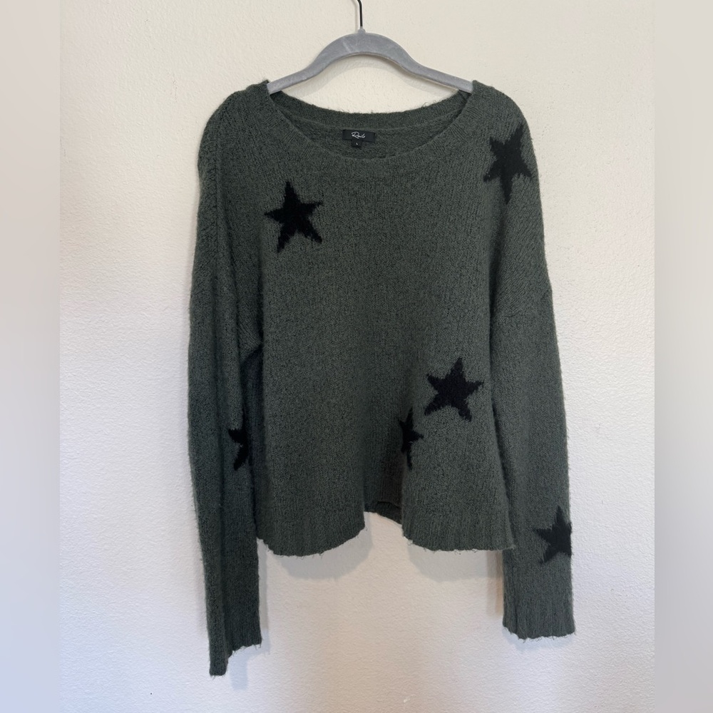 Rails Black and Green Crew Neck Sweater with Star Accents 100% Merino Wool